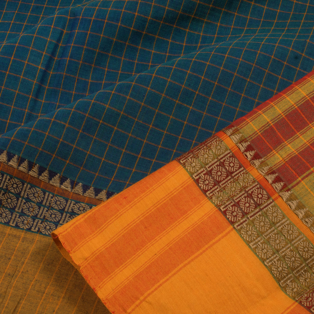 Handwoven Narayanpet Cotton Saree with Checks Design and Rudhraksh Motif Temple Border