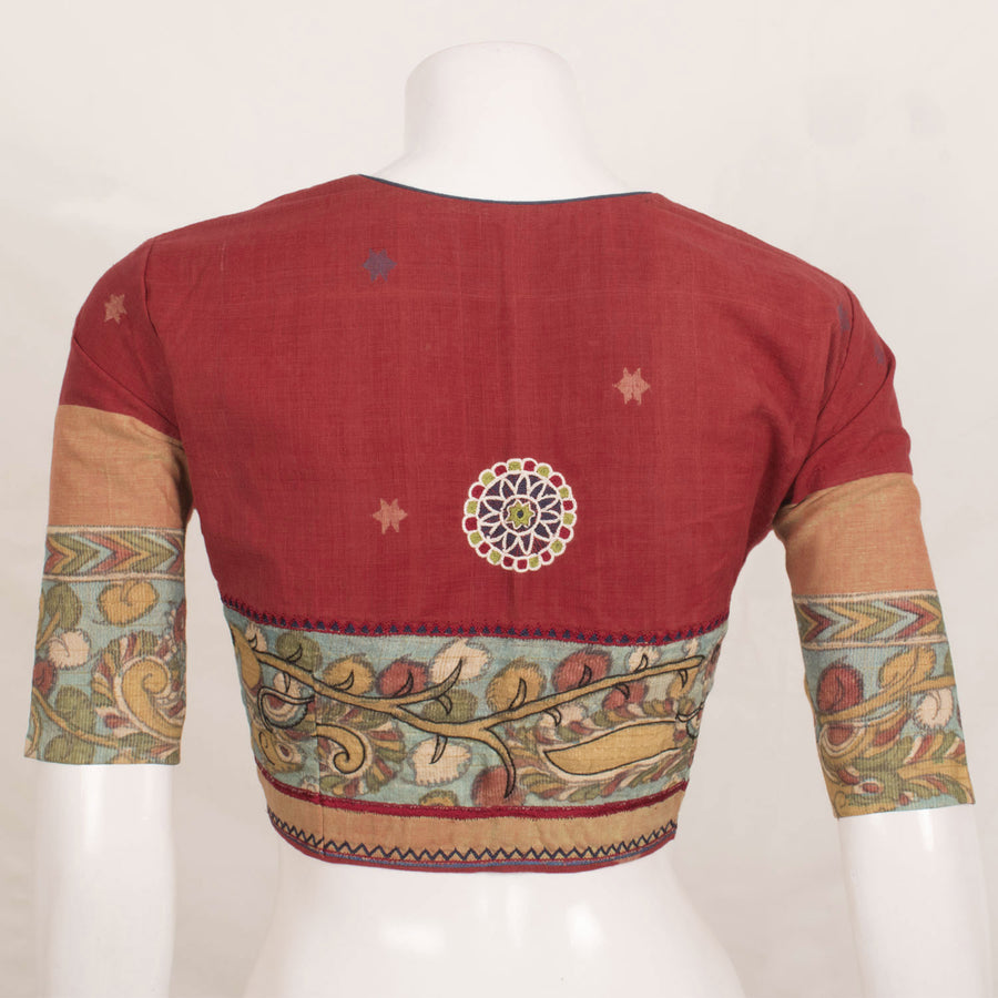 Handcrafted Khadi Cotton Blouse with Embroidered Kalamkari Back and Sleeve