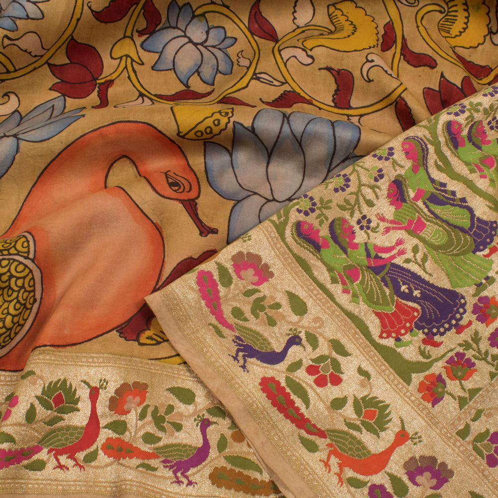 Hand Painted Pen Kalamkari Banarasi Silk Saree with Lotus Swan Motifs and Paithani Border and Pallu