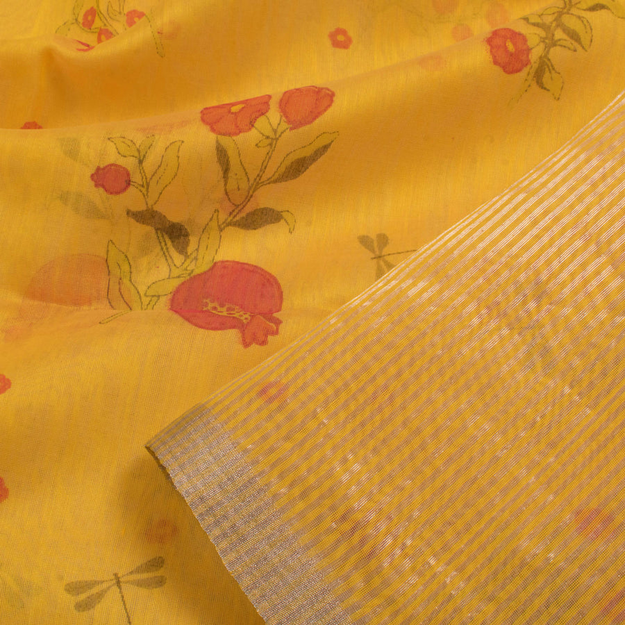 Printed Chanderi Silk Cotton Saree with Floral Motifs and Zari Stripes Pallu
