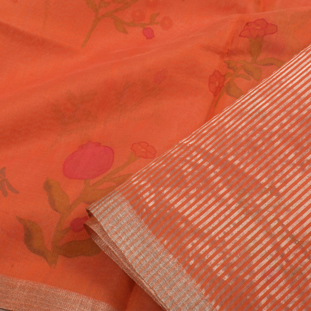 Printed Chanderi Silk Cotton Saree with Floral Dragonfly Motifs and Zari Stripes Pallu