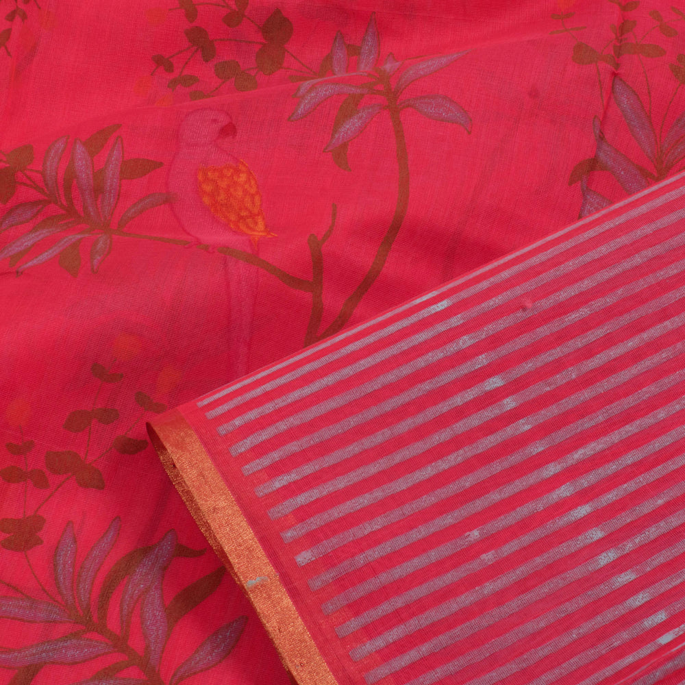 Printed Chanderi Silk Cotton Saree with Floral Parrot Motifs and Stripes Pallu