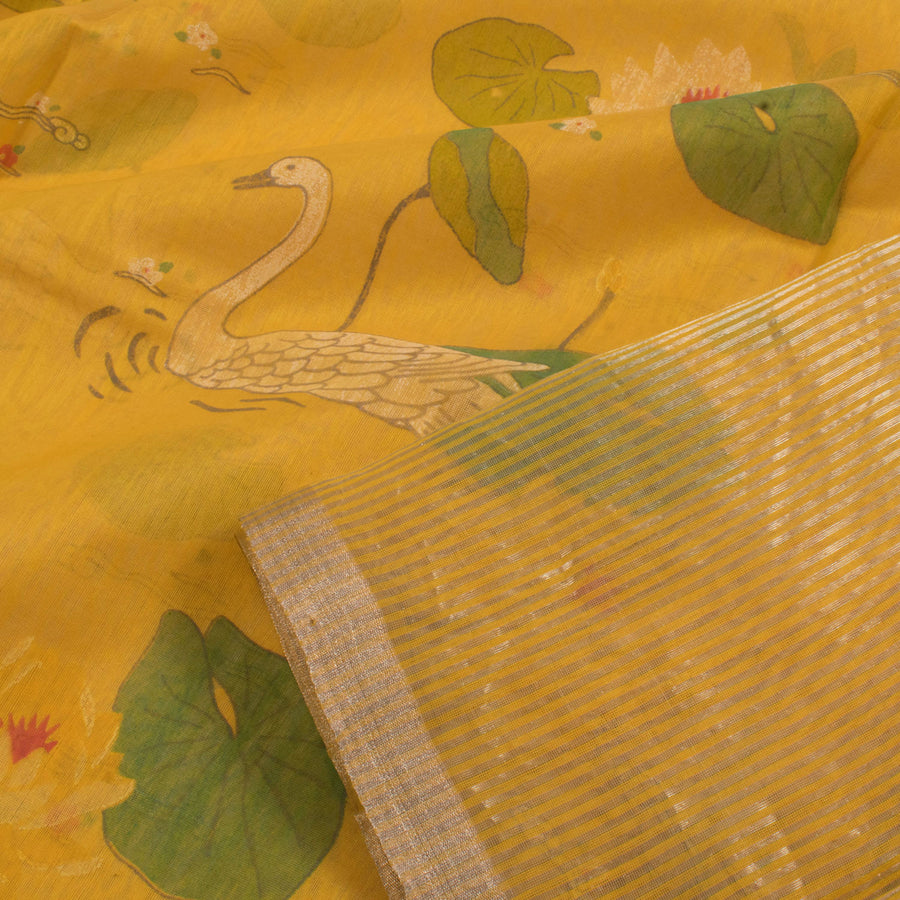 Printed Chanderi Silk Cotton Saree with Lotus Swan Motifs and Zari Stripes Pallu