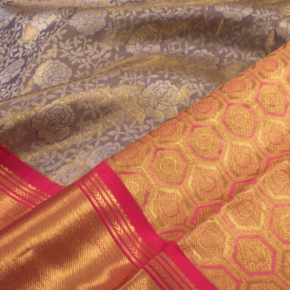 Handloom Pure Zari Korvai Kanjivaram Silk Saree with Floral Motifs and Bavanji Border and Honeycomb Pallu 