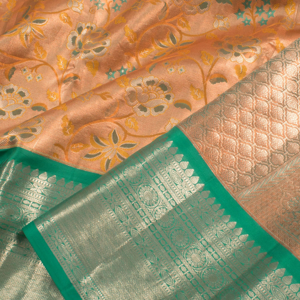 Handloom Pure Tissue Silk Korvai Jacquard Kanjivaram Saree with Copper Coloured Kodimalar Design and Chakram Border