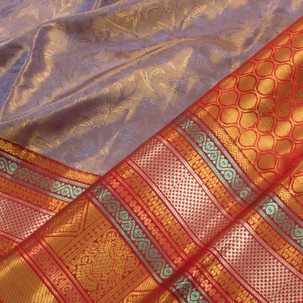 Handloom Pure Zari Jacquard Kanjivaram Tissue Silk Saree with Kodimalar Design and Iruthalai Pakshi Veldhari Border