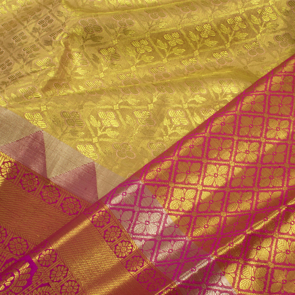 Handloom Pure Zari Jacquard Tissue Silk Kanjivaram Saree With Floral Motifs and Mayil Chakram Temple Border