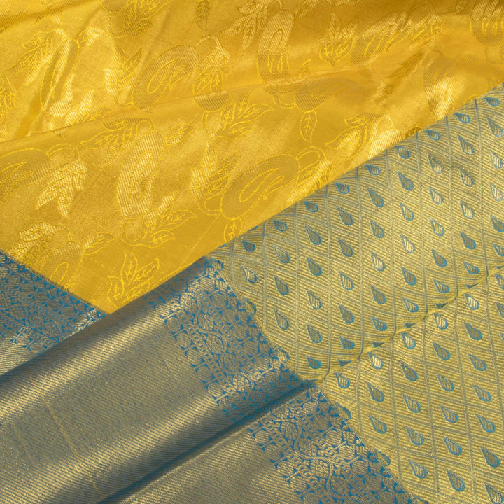 Handloom Pure Tissue Silk Bridal Korvai Kanjivaram Saree with Paisley Design Bavanji Border and Raindrop Pallu