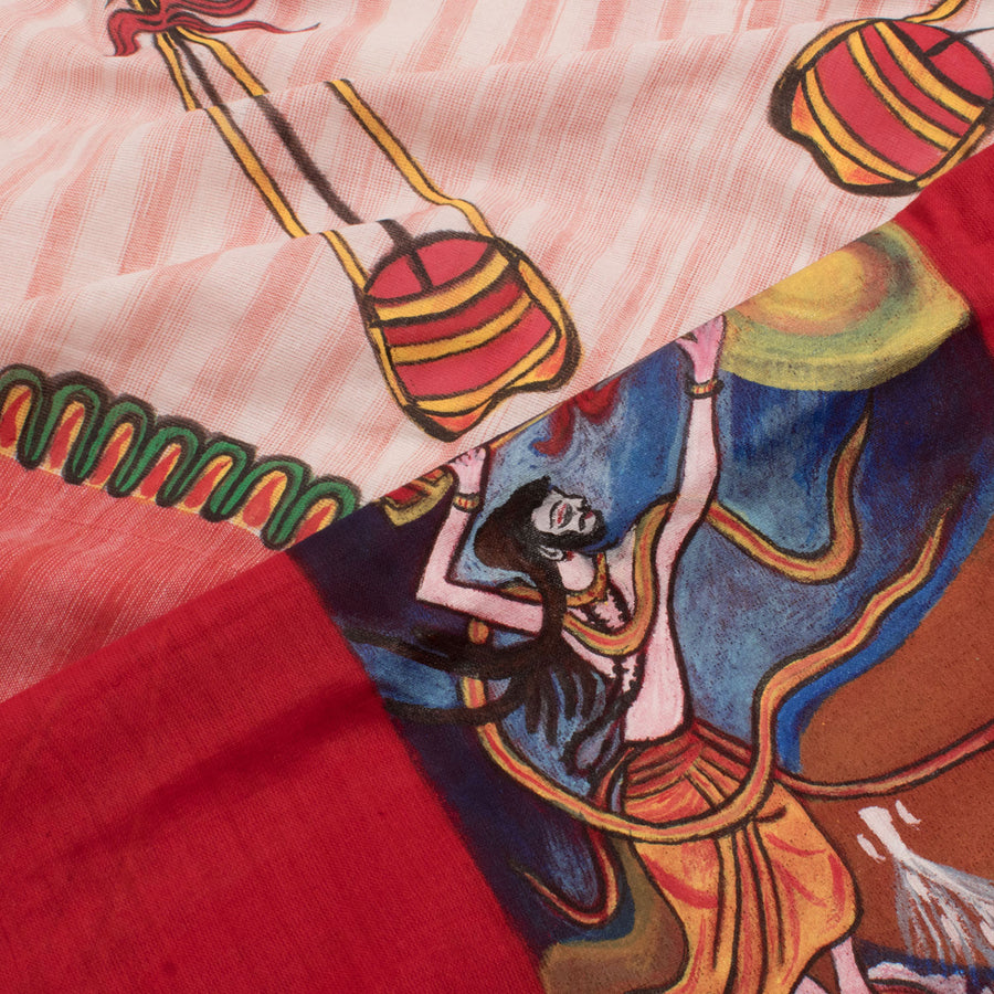 Hand Painted Half and Half Bengal Cotton Saree with Musical Instrument Motifs and Folk Statement pallu