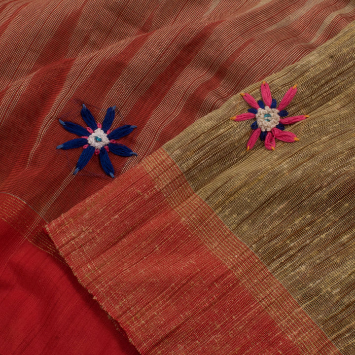 Hand Embroidered Cotton Saree with Floral Design and Geecha Pallu