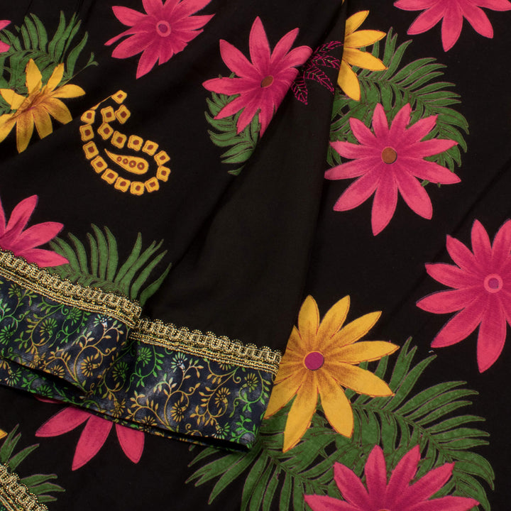 Hand Embroidered Partly Pallu Bengal Silk saree with Floral Printed Motifs and Zari Border