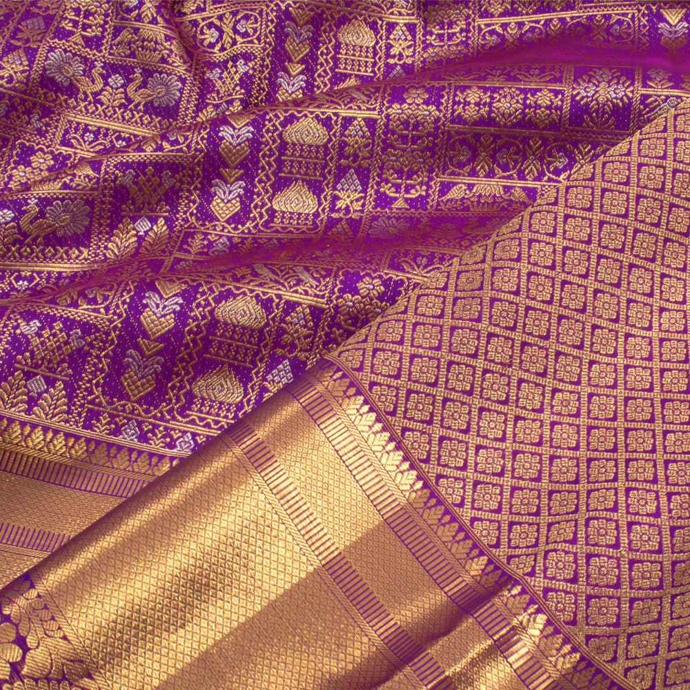 Handloom Pure Silk Bridal Jacquard Kanjivaram Saree with Meenakari Statement Motifs and Kuyil Kann Border