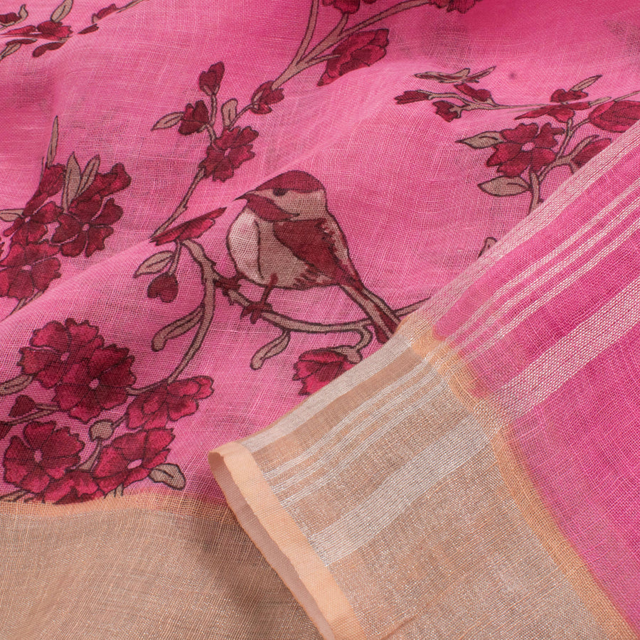 Printed Bhagalpur Linen Saree with Floral Bird Motifs and Zari Border