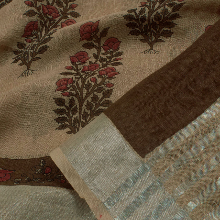 Printed Bhagalpur Linen Saree with Floral Motifs and Zari Border
