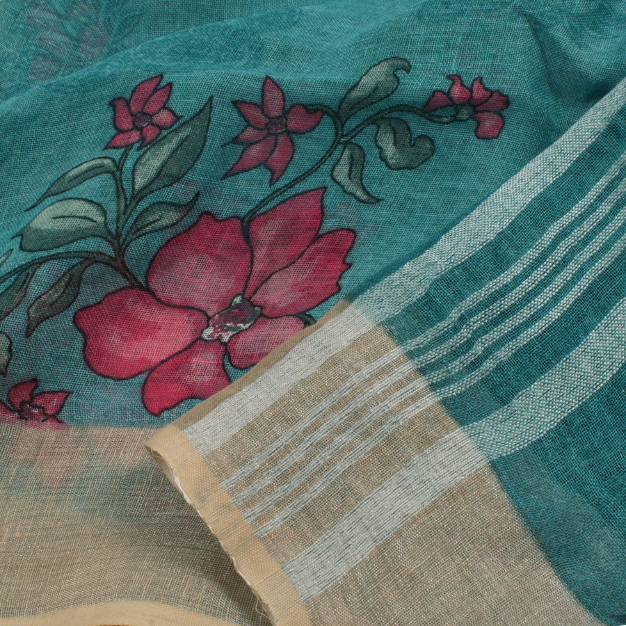 Printed Bhagalpur Linen Saree with Floral Motifs and Zari Border 