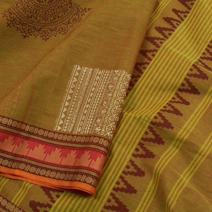 Hand Block Printed Chettinad Cotton Saree with Floral Design and Rudhraksh Temple Border