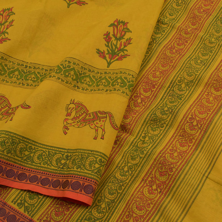 Hand Block Printed Chettinad Cotton Saree with Sanganeri Prints and Horse Motifs Border 