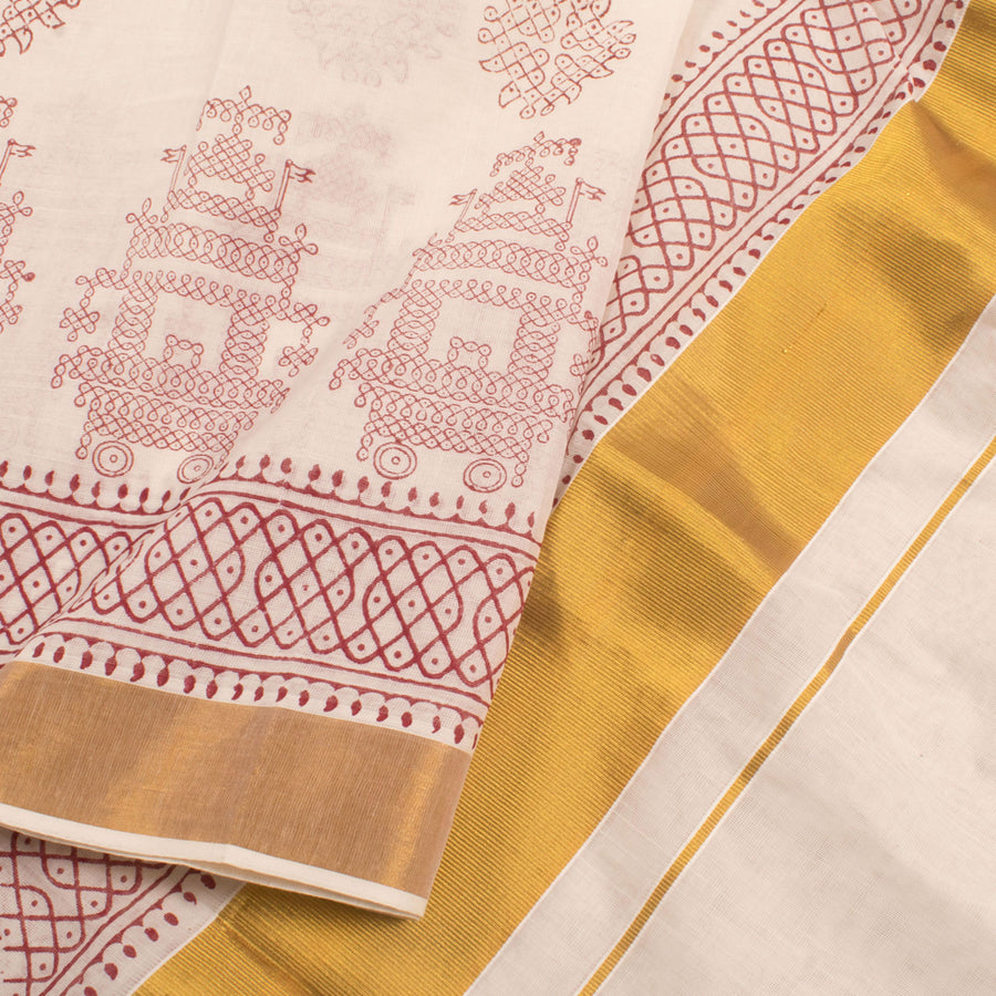 Hand Block Printed Kerala Cotton Saree with Kolam Motifs