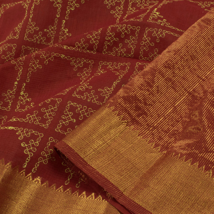 Hand Block Printed Mangalgiri Silk Cotton Saree with Kolam Motifs and Zari Border