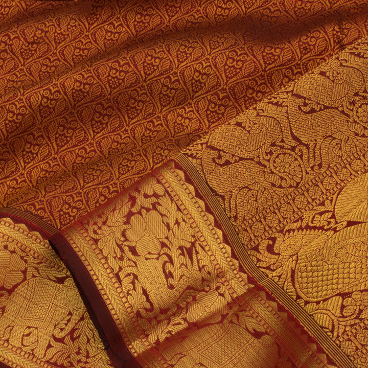 Handloom Pure Zari Jacquard Kanjivaram Silk Saree with Twin Bird Design and Elephant Deer Border