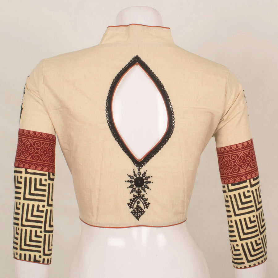 Handcrafted Pot Neck Design Cotton Blouse With Kutchi, Mirror Work Embroidery and Printed Sleeves