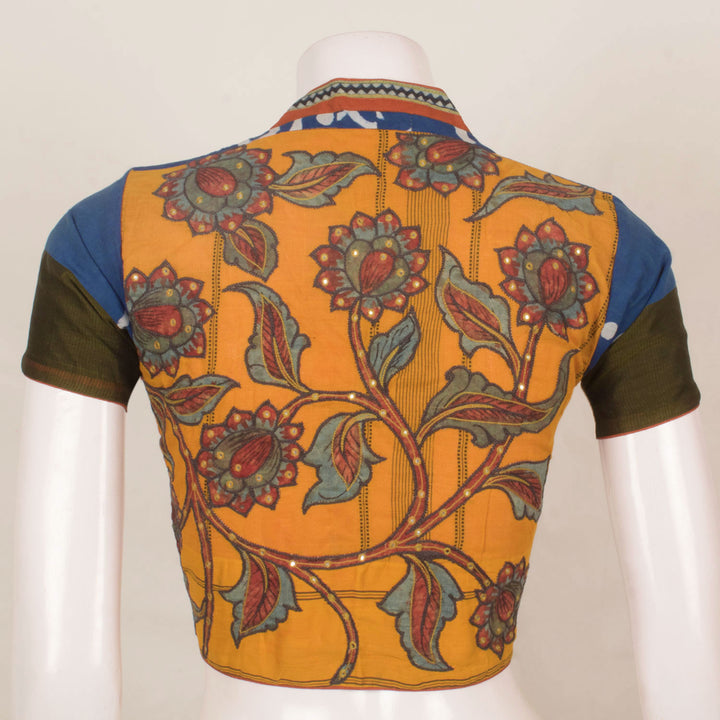 Handcrafted Cotton Blouse with Kalamkari Patch Work Embroidery and Mirror Work 