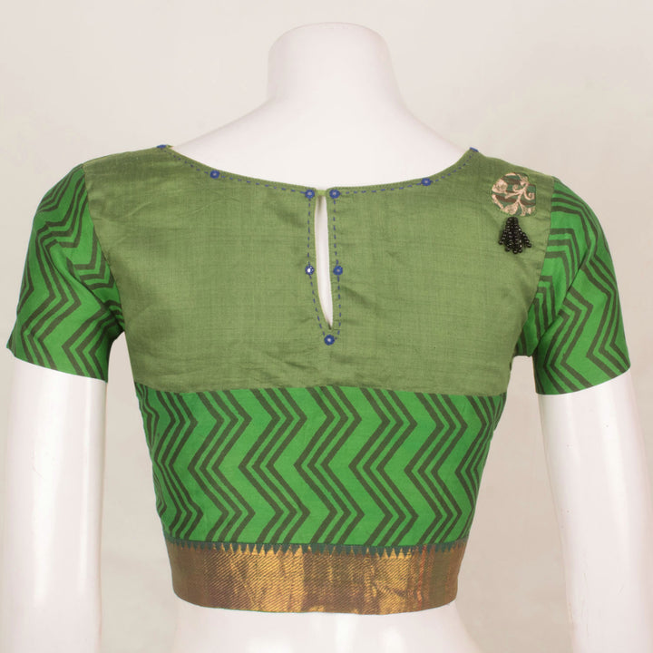 Handcrafted Cotton Blouse with Mirror Work Embroidery Back, Printed Sleeves, Zari Waist and Fancy Beads