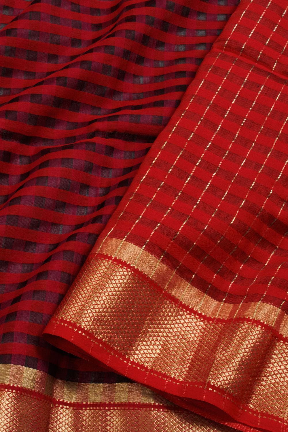 Red & Black Handloom Maheshwari Silk Cotton Saree 10060452