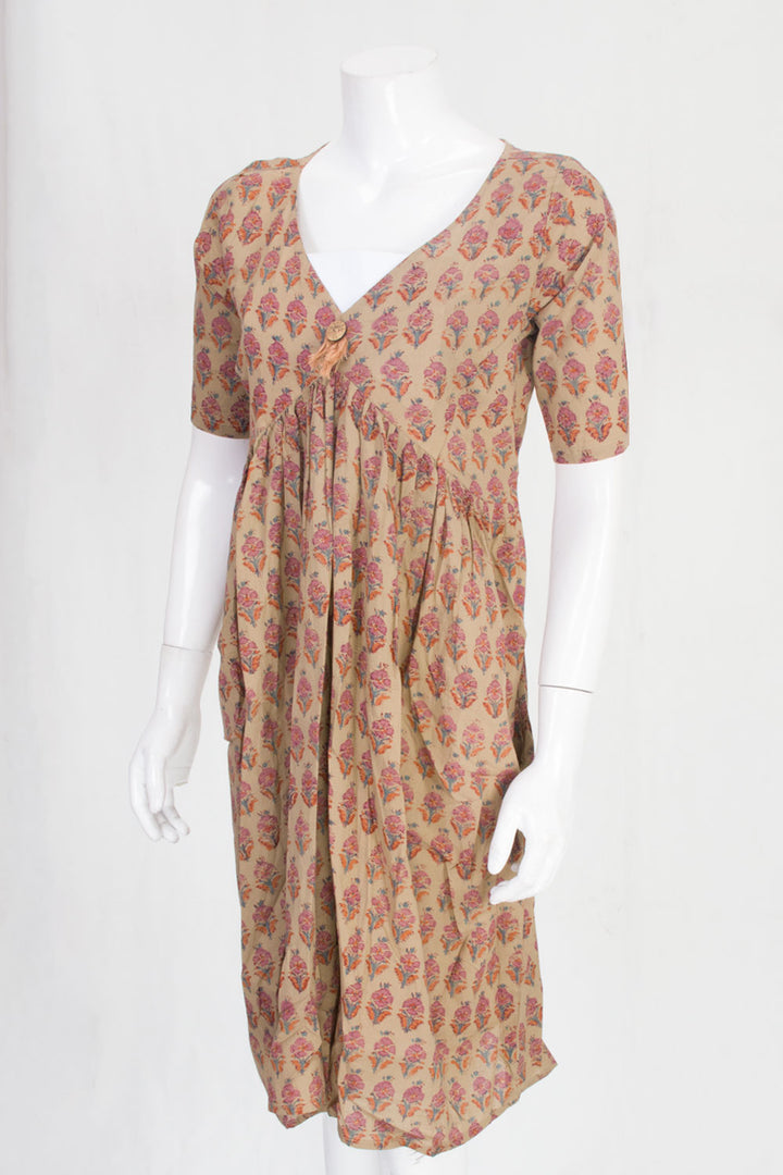 Beige Hand Block Printed Cotton Dress 10061603
