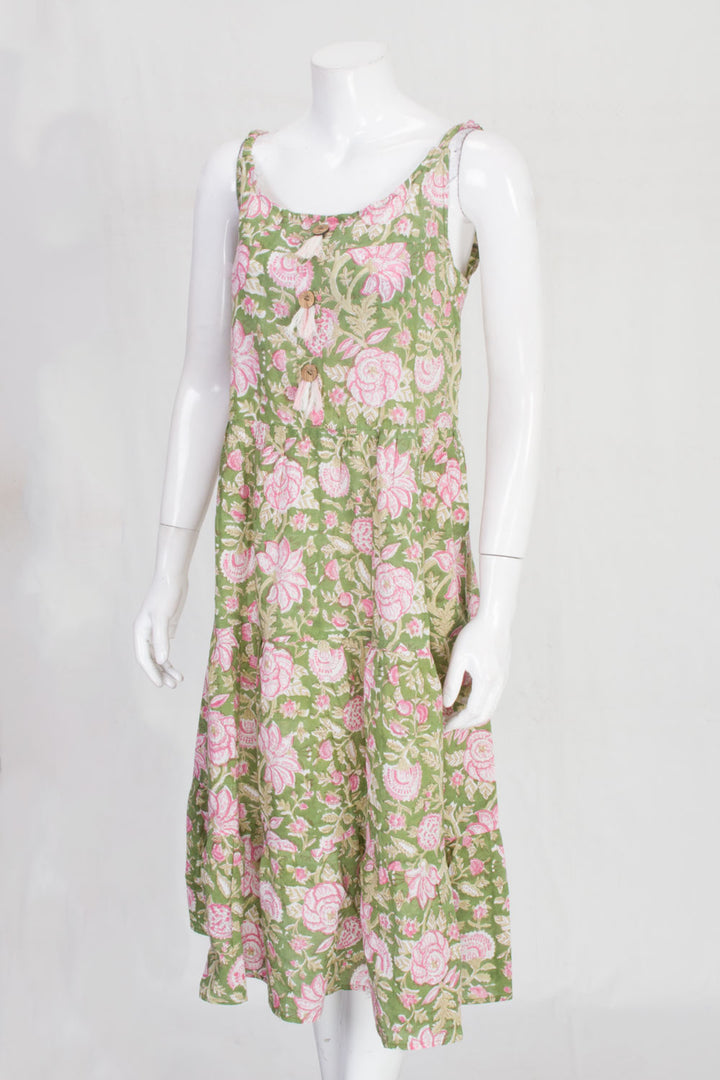 Green Hand Block Printed Cotton Dress 10061609