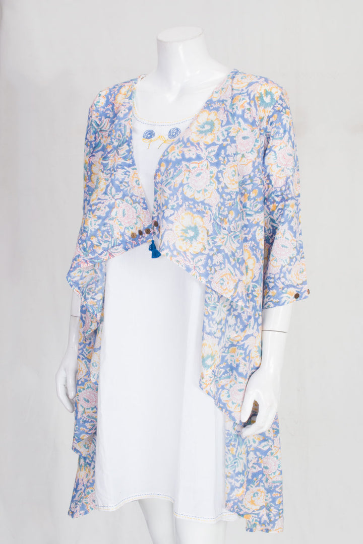 Blue & White Hand Block Printed Cotton A line Dress 10061651