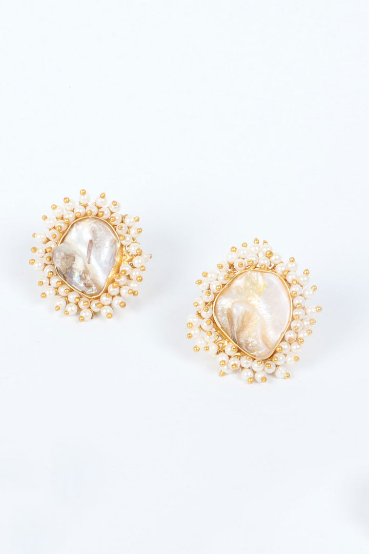 Handcrafted Gold Tone Stone Studded Pearl Brass Earrings