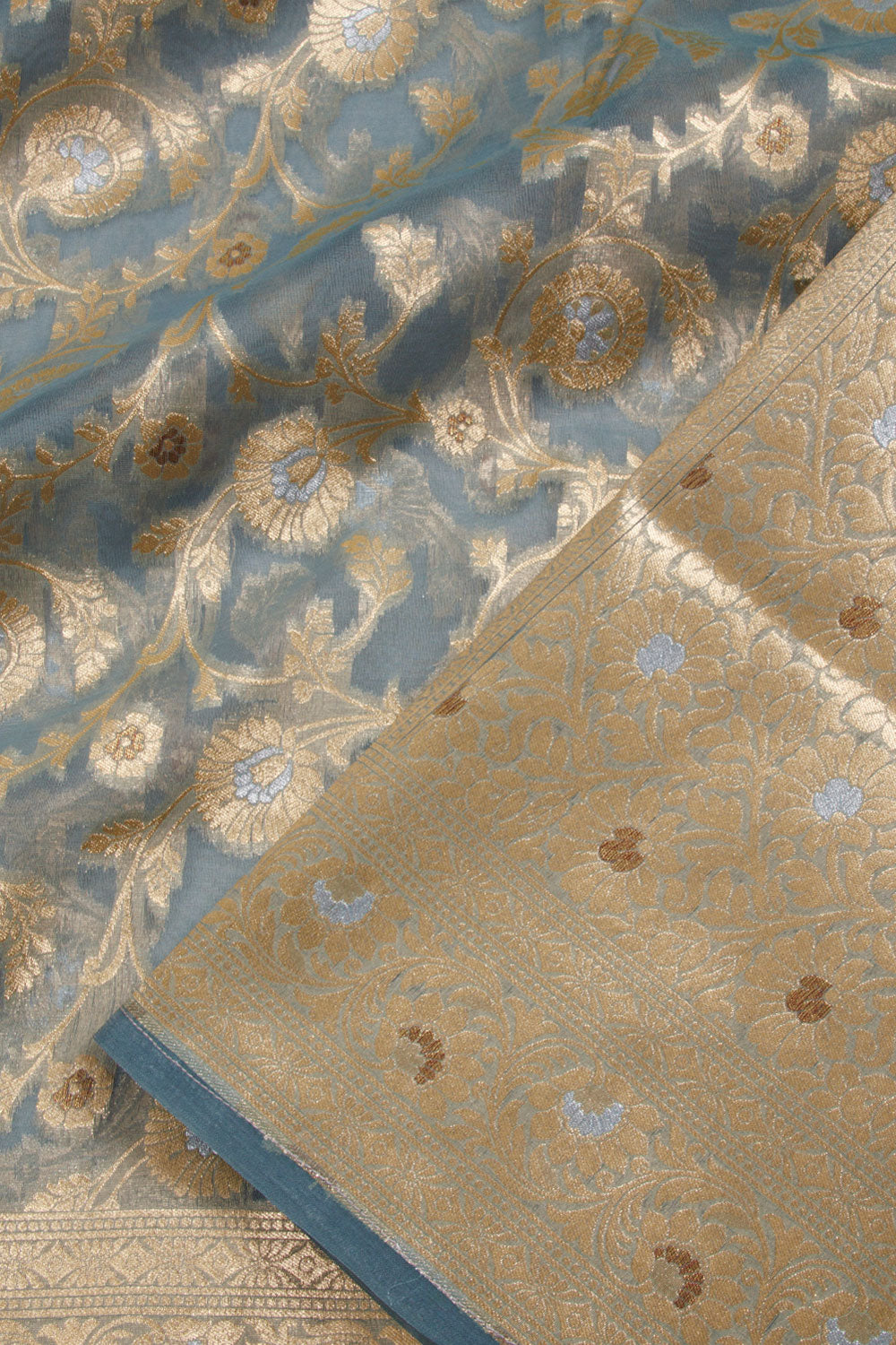 Bluish Grey Handloom Banarasi Katrua Kora Silk Saree  10061121