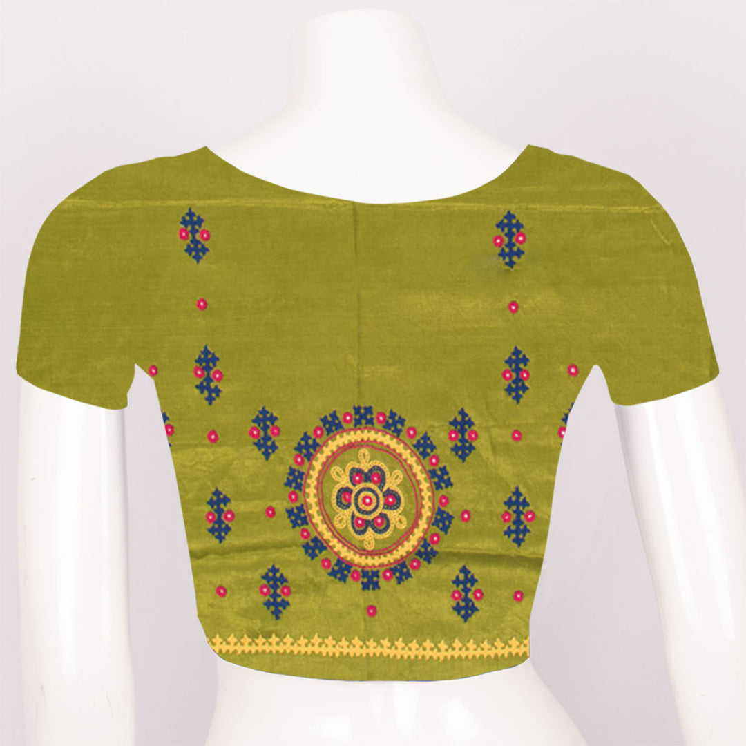Pea-Green Rabari Embroidered Mashru Blouse Material 10059168