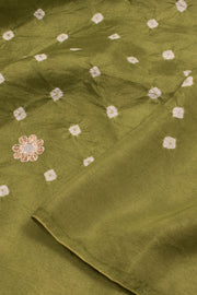 Olive Green Handcrafted Bandhani Mulberry Silk Saree 10059051
