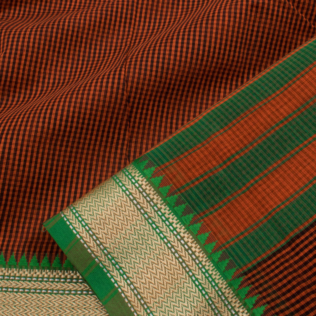 Handloom Narayanpet Cotton Saree with Checks Design and Temple Zigzag Border