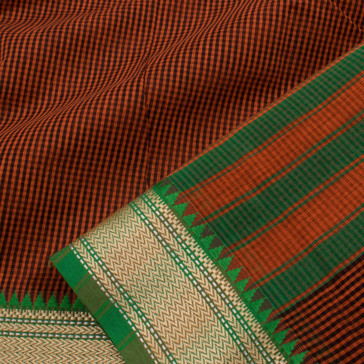 Handloom Narayanpet Cotton Saree with Checks Design and Temple Zigzag Border