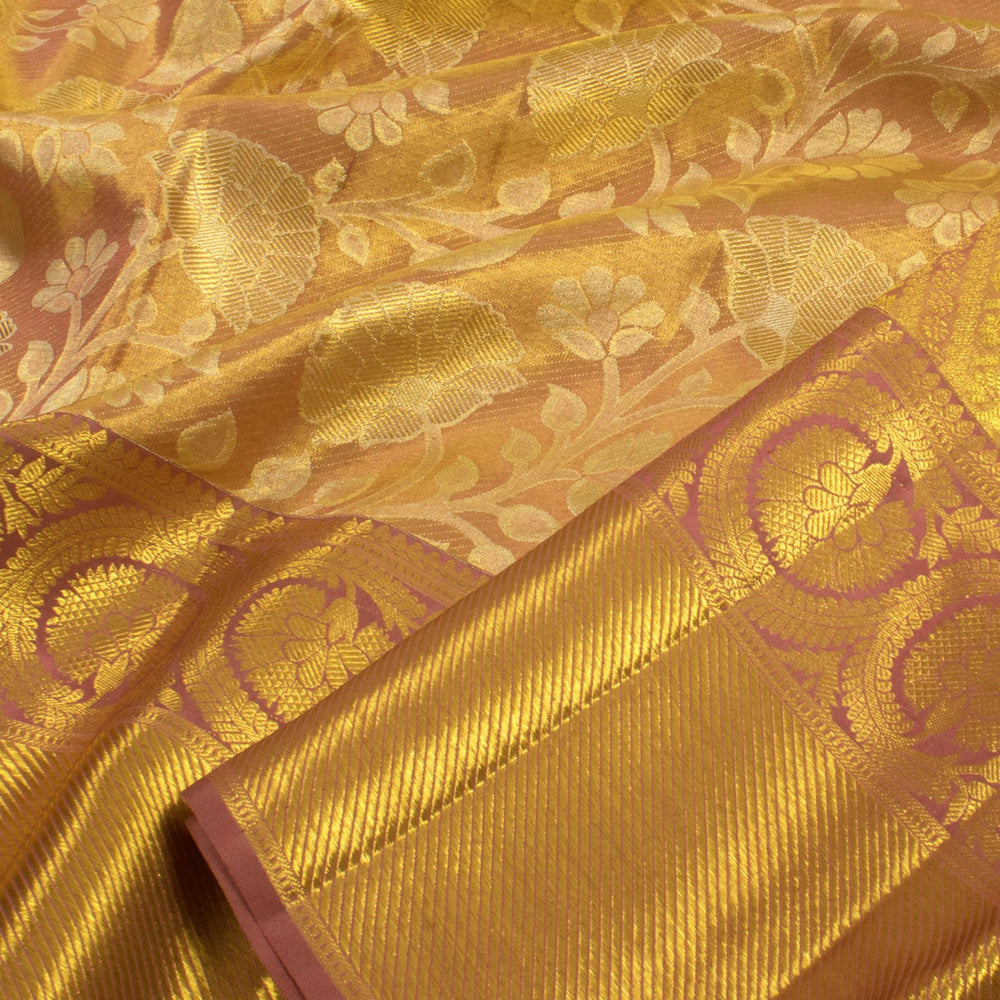 Handloom Pure Tissue Silk Bridal Jacquard Kanjivaram Saree with Gold Colour Floral Design All Over and Bavanji Border