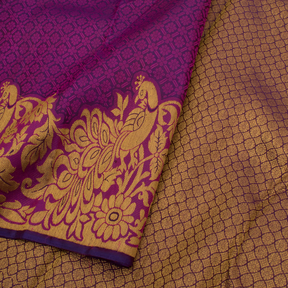 Handloom Pure Zari Jacquard Kanjivaram Silk Saree with Floral Design and Peacock Border 