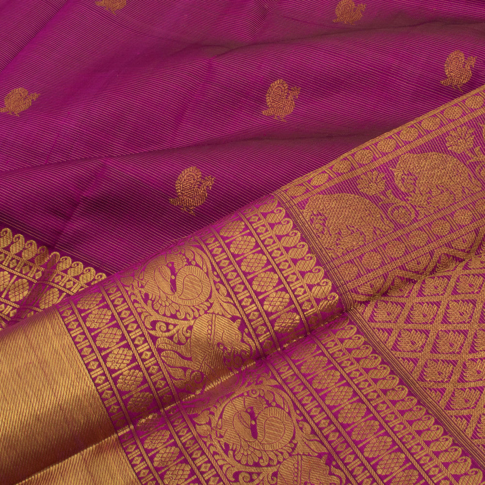 Handloom Pure Zari Bridal Kanjivaram Silk Saree with Vaira Oosi Stripes Design Peacock Motifs and Yazhi Border