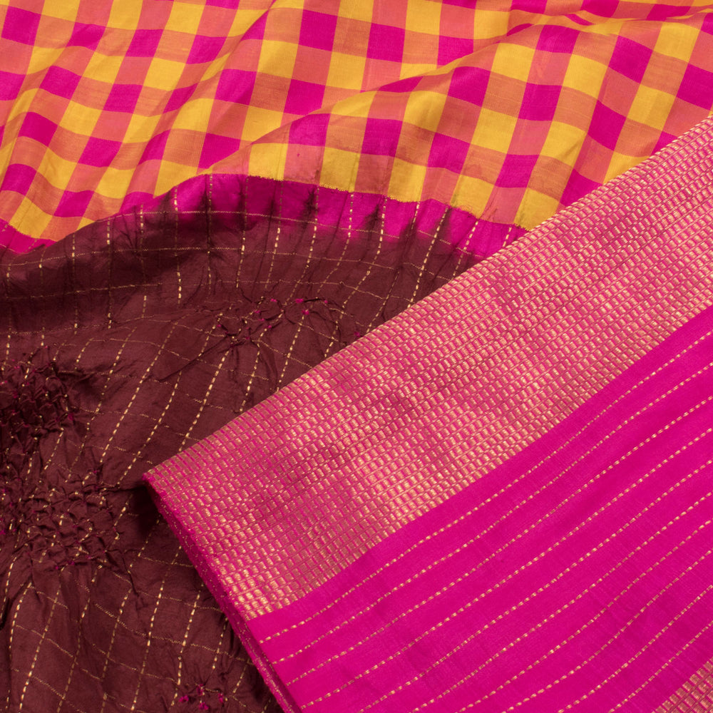 Handloom Bandhani Pure Zari Half and Half Korvai Kanjivaram Silk Saree with Checks Design