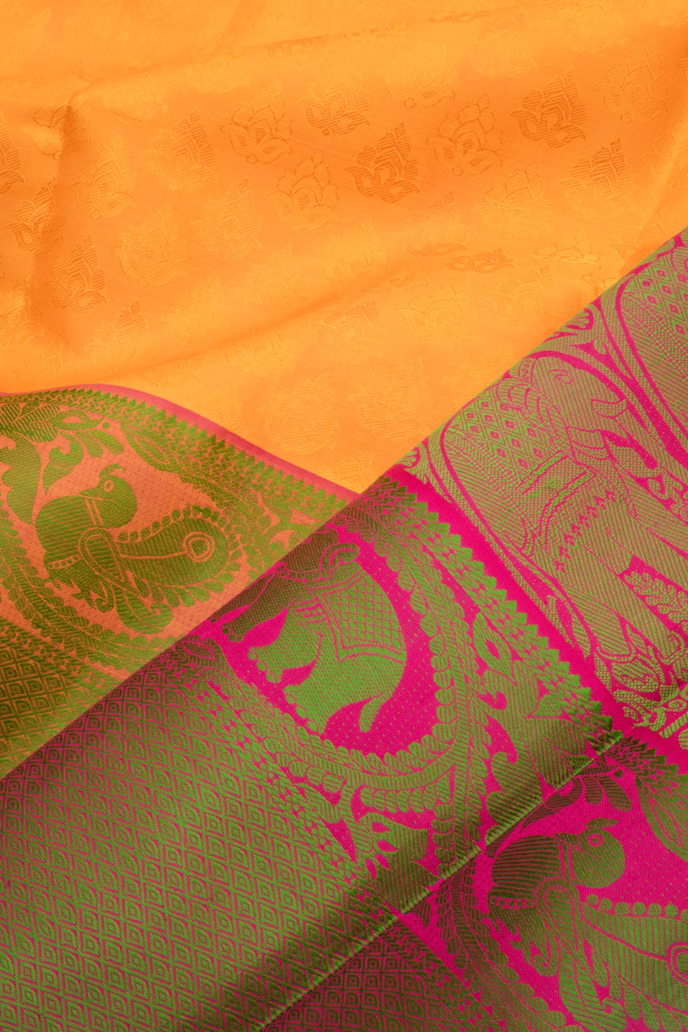 Saffron Yellow Threadwork Kanjivaram Silk Saree 10059197 – Avishya.com