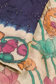 Navy Blue Pen Kalamkari Bandhani Tussar Silk Saree 10060139