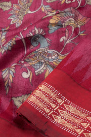 Pinkish Magenta Printed Kalamkari Tussar Silk Saree 10060151