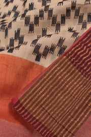 Beige and Black Hand Block Printed Tussar Silk Saree 10059324