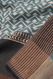 Lead Blue Hand Block Printed Tussar Silk Saree 10059326