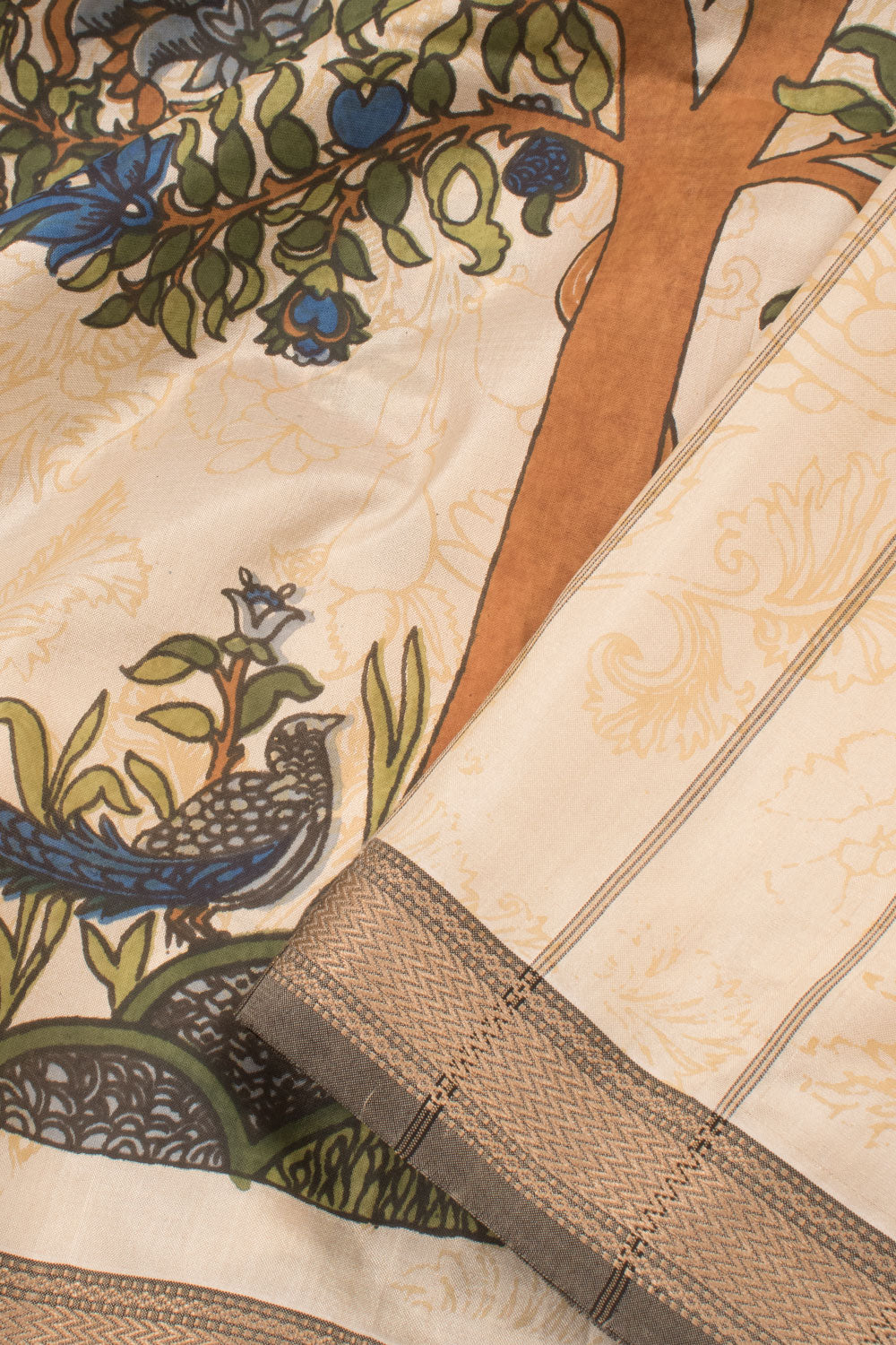 Cream Printed Maheshwari Mulberry Silk Saree with Floral and Bird Motifs 10059561