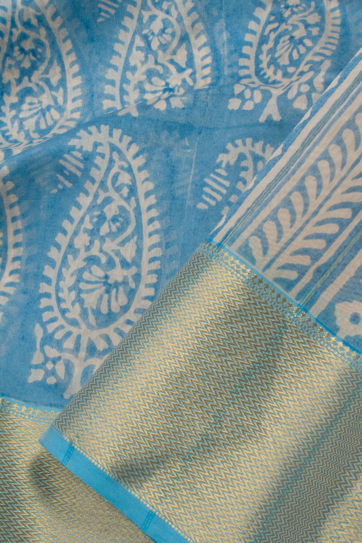 Blue Discharge Printed Maheshwari Silk Cotton Saree 10061012