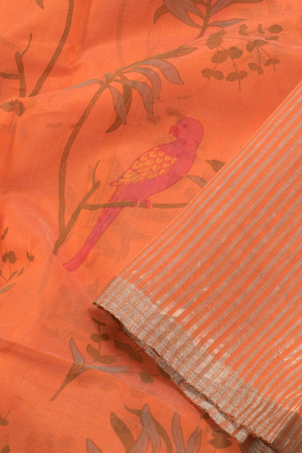 Safety Orange Printed Chanderi Silk Cotton Saree 10059685