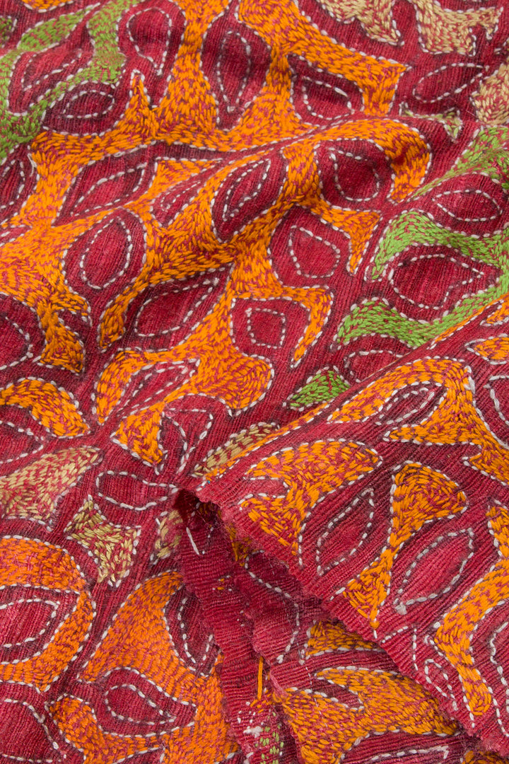 Maroon Kantha Embroidered Silk Cotton Blouse Material 10061893